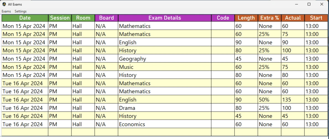 JAExams Dashboard Overview showing all exam sessions