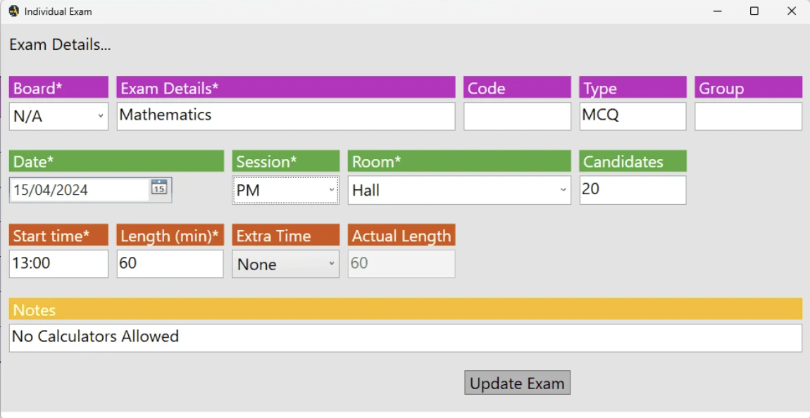 Individual exam creation interface with form fields
