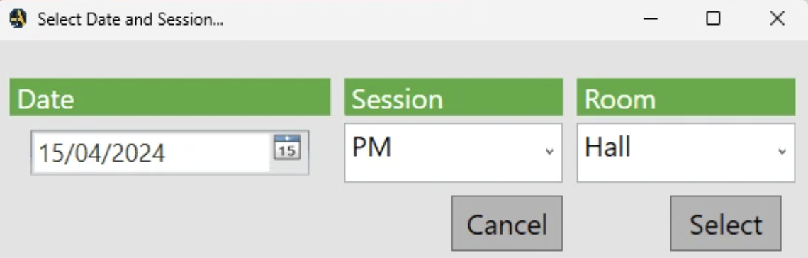 Date and session selection interface with calendar