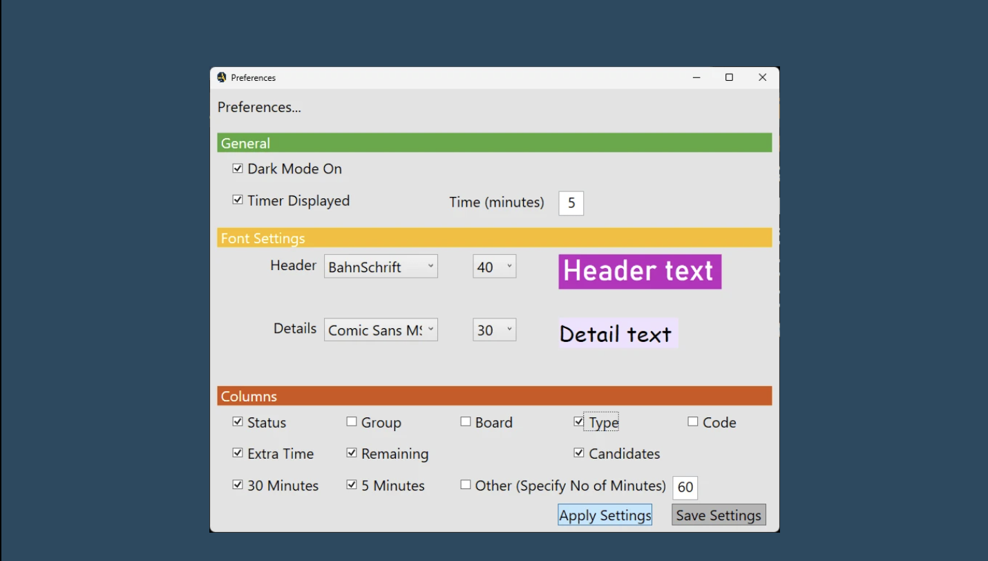 JAExams Settings Interface